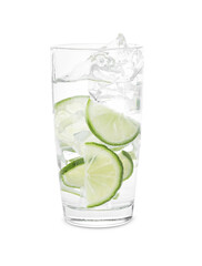 Water with sliced lime splashing out of glass on white background