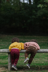 Black twins playing on bench in park 