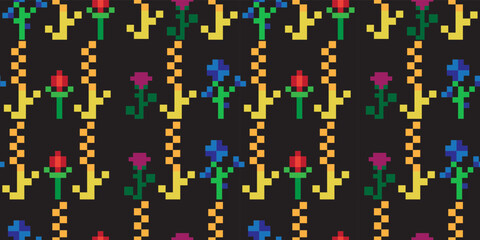 Seamless pattern with pixel flowers, wheat, cornflowers. Ukrainian simple ornament on a black background. Embroidery, patriotic motifs, vector print for clothes. 