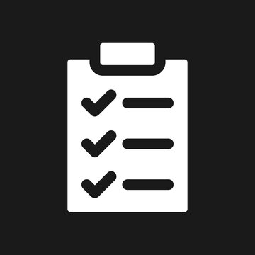 recommend clip art: Checklist dark mode glyph ui icon. Wellness to do list. Questions form. User interface design. White silhouette symbol on black space. Solid pictogram for web, mobile. Vector isolated illustration