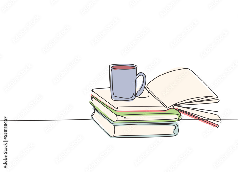 Poster single continuous line drawing of stack of books with a mug of coffee above on library desk. busines