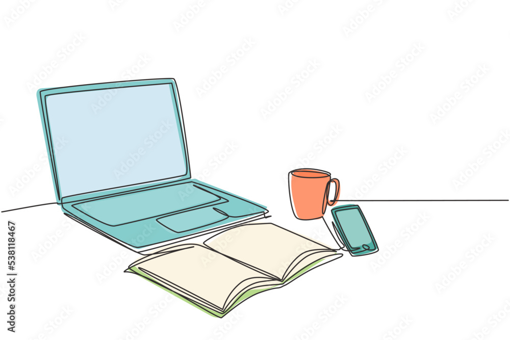 Poster one single line drawing of computer laptop, smartphone and a cup of coffee and at business office de