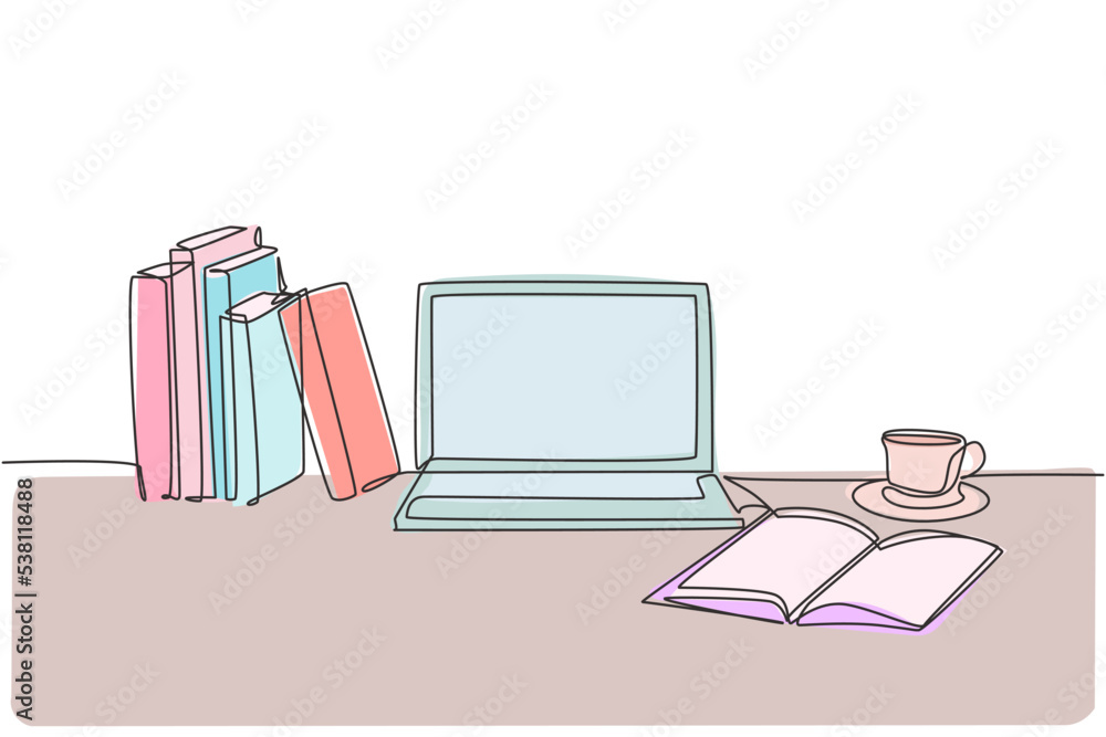 Poster one continuous line drawing of stack of books line up with computer laptop, book and a cup of coffee