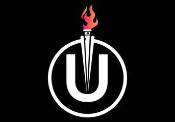 Initial Letter u Fire Torch Concept With Fire and Torch Icon Vector Symbol. Modern vector logo for Fire Torch business, and company identity. © Shovo
