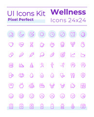 Health and wellness pixel perfect gradient linear ui icons set. Physical wellbeing. Line contour user interface symbols. Vector isolated outline illustrations. Montserrat Bold, Light fonts used