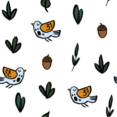 Fototapeta premium Textured hand drawn ink arctic winter seamless pattern with acorns and flying birds 