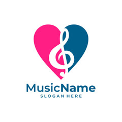 Music key and heart abstract hand drawn vector logo and icon. Musical theme flat design template. Isolated on the white background