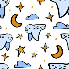 Textured hand drawn ink arctic winter seamless pattern with polar owls and night sky with stars, clouds and moon 
