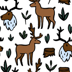 Textured hand drawn ink arctic winter seamless pattern with reindeers, deers in forest

