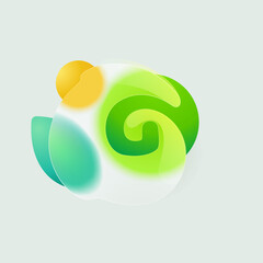 G letter eco logo in round splash with green leaf and sun. Realistic glassmorphism style translucent icon.