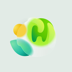 H letter eco logo in round splash with green leaf and sun. Realistic glassmorphism style translucent icon.