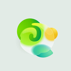 J letter eco logo in round splash with green leaf and sun. Realistic glassmorphism style translucent icon.