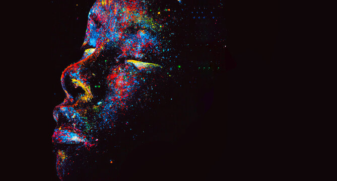 viso di donna afroamericana visto di profilo con occhi chiusi, colorato da mille macchioline di colori vibranti su sfondo nero,
