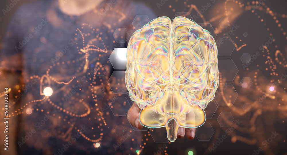 Aufkleber Brain. Digital brain. 3D Science and Technology concept. Neural network. IQ testing, artificial