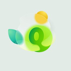 Q letter eco logo in round splash with green leaf and sun. Realistic glassmorphism style translucent icon.
