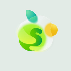 S letter eco logo in round splash with green leaf and sun. Realistic glassmorphism style translucent icon.