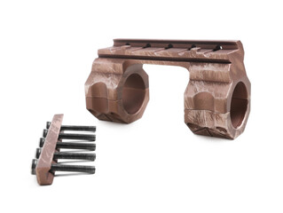 Disassembled quick disconnect sniper cantilever scope mount on white background