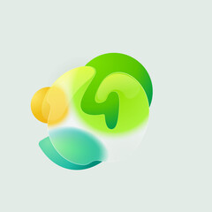 Number four eco logo in round splash with green leaf and sun. Realistic glassmorphism style translucent icon.