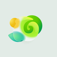 Number six eco logo in round splash with green leaf and sun. Realistic glassmorphism style translucent icon.