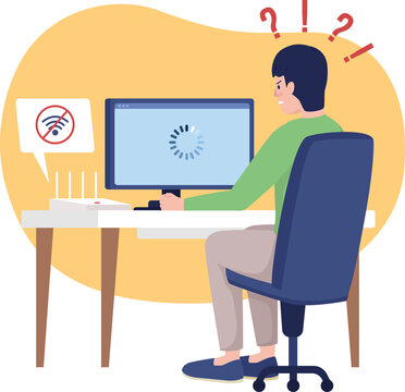 Lost wifi signal at home 2D raster isolated illustration. No connection. Worried man at computer desk flat characters on cartoon background. Everyday situation and daily life colourful scene