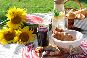 Fototapeta na wymiar Delicious food and drink on striped blanket in garden. Picnic season