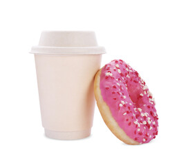 Tasty fresh donut with sprinkles and hot drink isolated on white