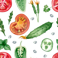 Seamless pattern with autumn vegetables hand-painted in watercolor on a white background. Cherry tomatoes, chili pepper. Perfect for textiles, scrapbooking, kitchen decoration, design.