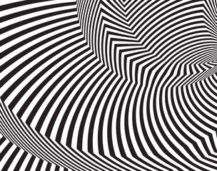 Line art optical art. Psychedelic background. Monochrome background. Optical illusion style. Black dark background. Tire Tracks. Graphic ornament. Vector template