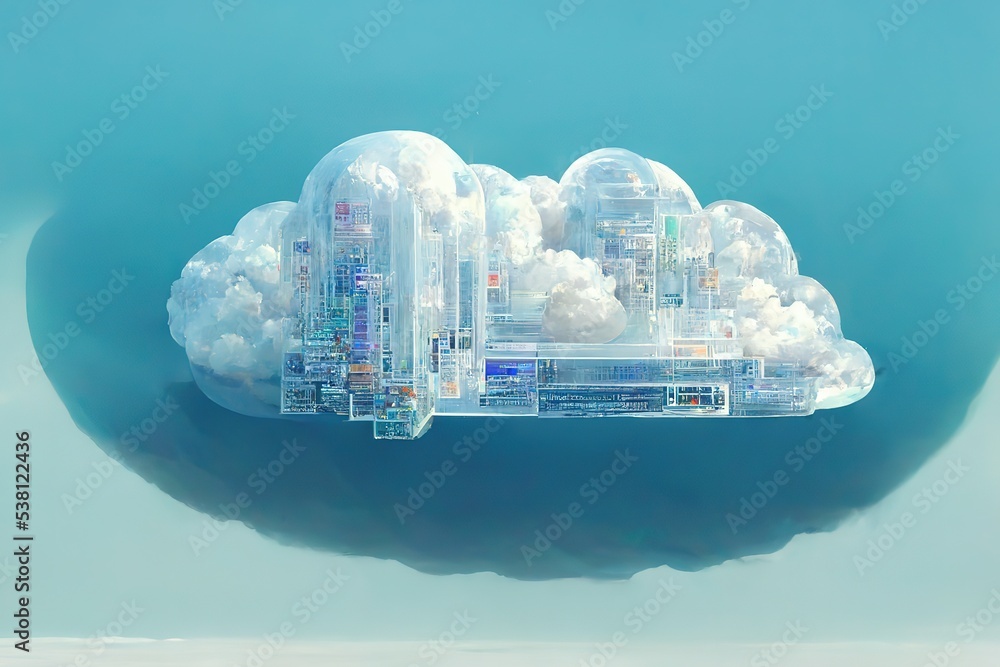 Aufkleber Cloud Computing Concept. Cloud storage in data center. Servers of global internet network. 3d illustration