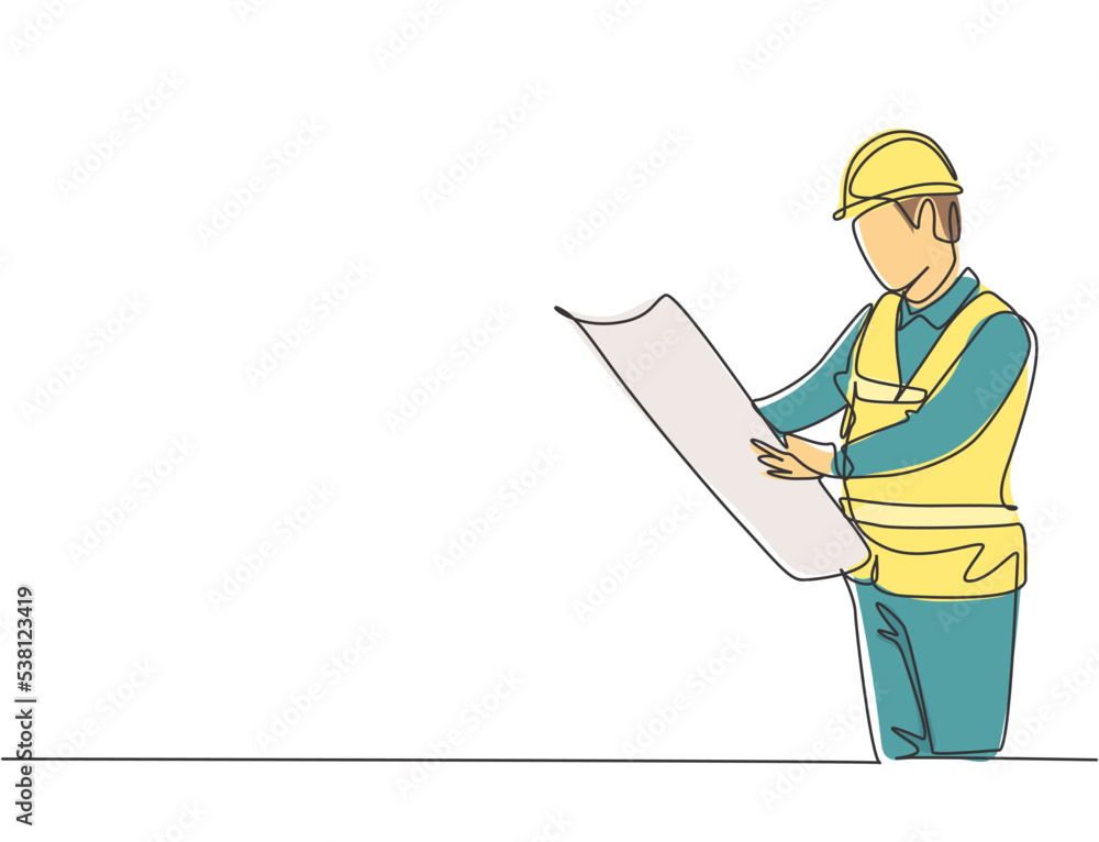 Poster single continuous line drawing of young attractive architect checking sketch building architecture b