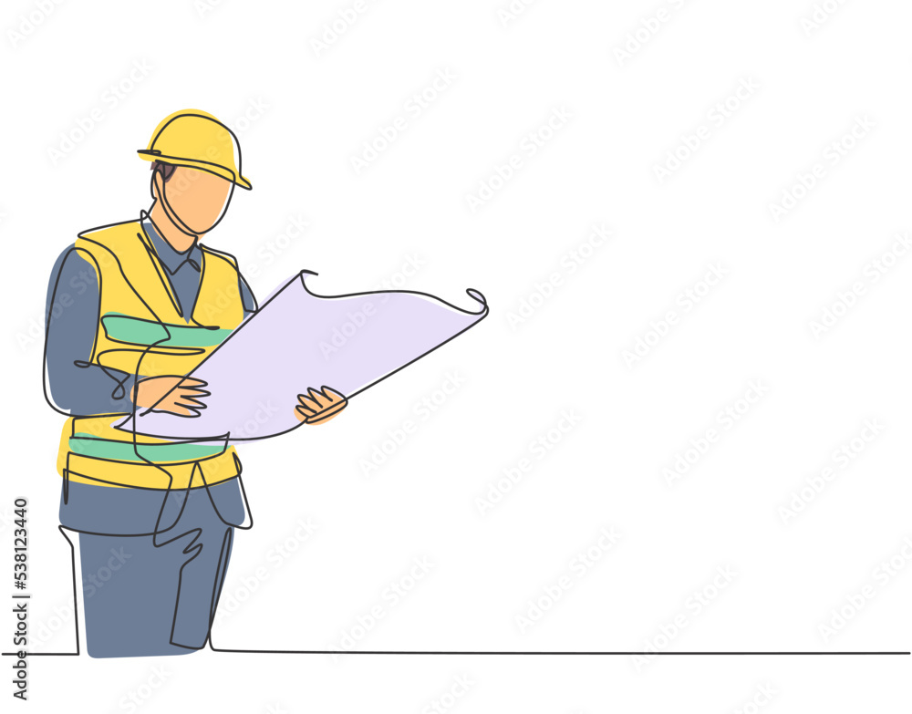 Aufkleber one continuous line drawing of young foreman manager controlling the construction of building. build