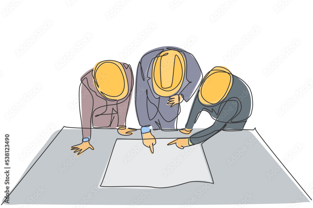 Poster one single line drawing of young architects and manager meeting at construction site to discuss draf