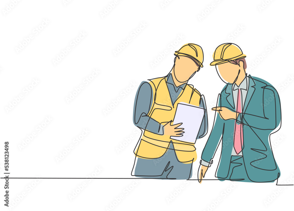 Poster one single line drawing of young construction manager giving instruction to foreman coordinator. bui
