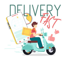 Fast delivery poster. Guy on a scooter. Deliveryman. Vector. Time, phone. Flat style.