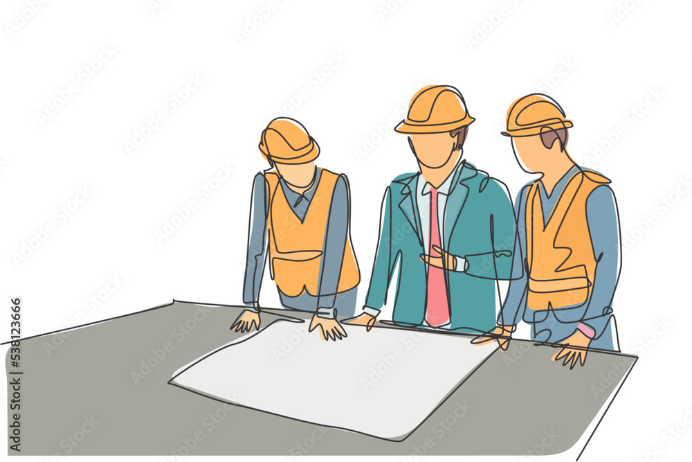 Aufkleber one continuous line drawing team of young architects presenting construction sketch draft blueprint 