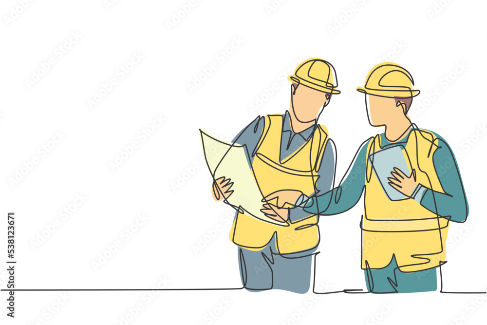 Aufkleber one single line drawing of young architect and engineer discussing building construction blueprint d