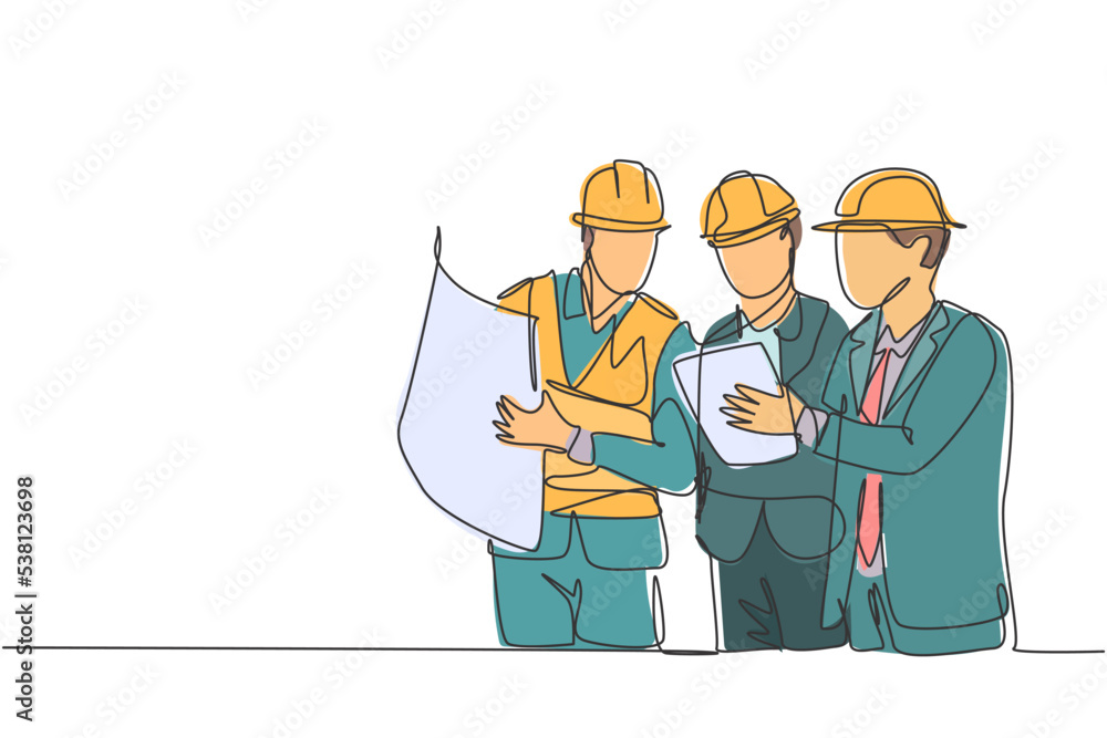 Poster one continuous line drawing of young architect, manager and engineer meeting at building constructio