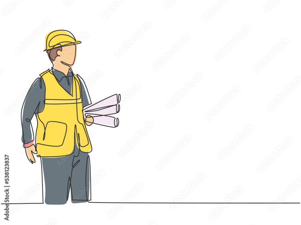 Aufkleber one continuous line drawing of young architect holding roll papers of draft sketch blueprint design.