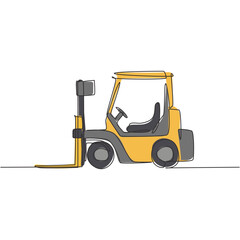 One continuous line drawing of metal forklift for lifting materials in warehouse. Heavy goods loading cargo equipment concept. Dynamic single line draw design vector graphic illustration