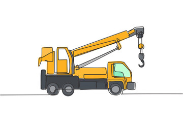 Fototapeta na wymiar Single continuous line drawing of crane truck for building construction, business commercial vehicles. Heavy transportation machines equipment concept. Trendy one line draw design vector illustration