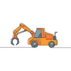 Naklejka premium Single continuous line drawing of metal excavator for digging land, commercial vehicle. Heavy construction machines equipment concept. Trendy one line graphic draw design vector illustration