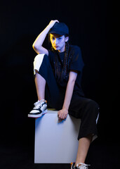 Cold girl against a black background