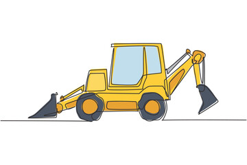 Obraz na płótnie Canvas One continuous line drawing of bulldozer for digging soil and leveling the road. Heavy backhoe construction trucks equipment concept. Dynamic single line draw design graphic vector illustration
