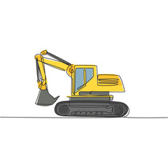 One single line drawing of excavator for digging soil vector illustration, business transportation. Heavy machines vehicles construction concept. Modern continuous line draw design graphic