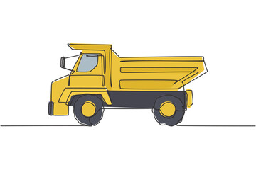Single continuous line drawing of big dump truck for delivery coal mining. Haul truck, business vehicle. Heavy transport machines equipment concept. Trendy one line draw design vector illustration © Simple Line