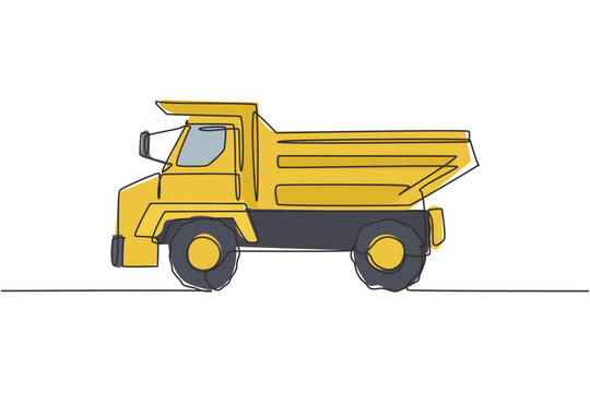 Single continuous line drawing of big dump truck for delivery coal mining. Haul truck, business vehicle. Heavy transport machines equipment concept. Trendy one line draw design vector illustration