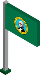 Washington US state flag on flagpole in isometric dimension.