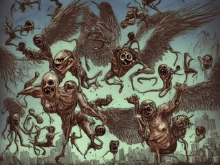 Surreal style mutated aliens and humans flying above earth, halloween style painting - obrazy, fototapety, plakaty