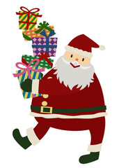 たくさんのプレゼントを持った、元気でかわいいサンタクロースの手描きイラスト