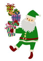 たくさんのプレゼントを持った、元気でかわいいサンタクロースの手描きイラスト